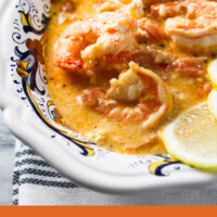 Shrimp with feta and tomatoes in a bowl. Below the image, there is a text overlay saying: shrimp with feta and tomatoes recipe.