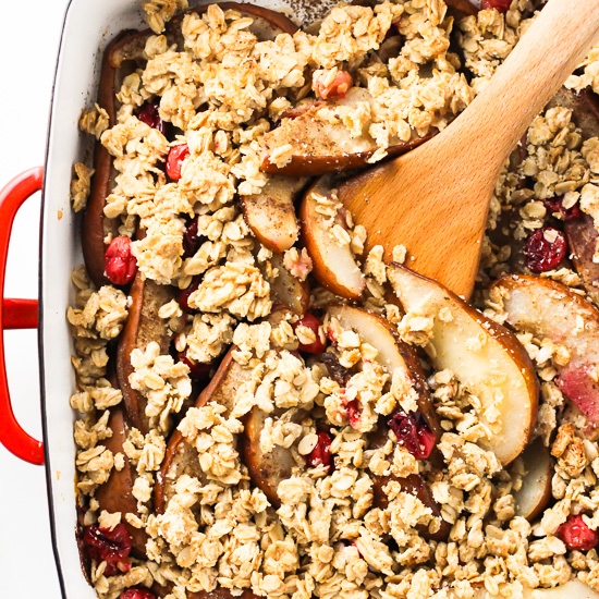 Pear cranberry crisp in a baking dish.
