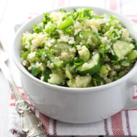Quinoa vegetable salad in a bowl.