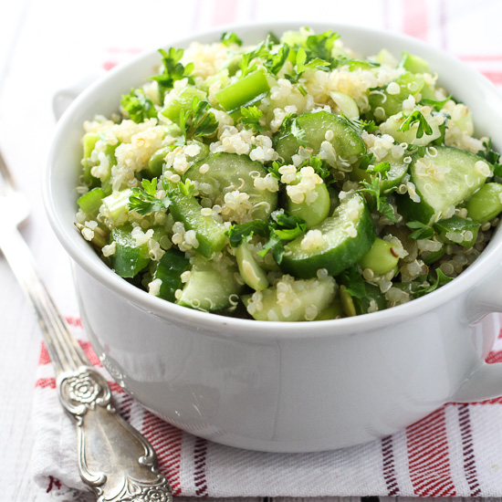 Quinoa vegetable salad in a bowl.