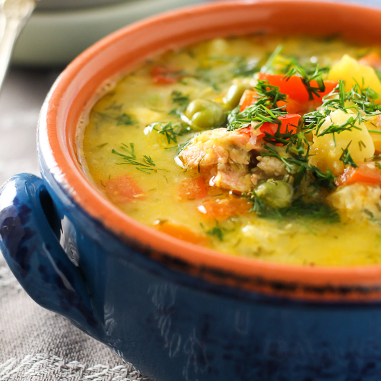 Salmon corn chowder in a bowl.