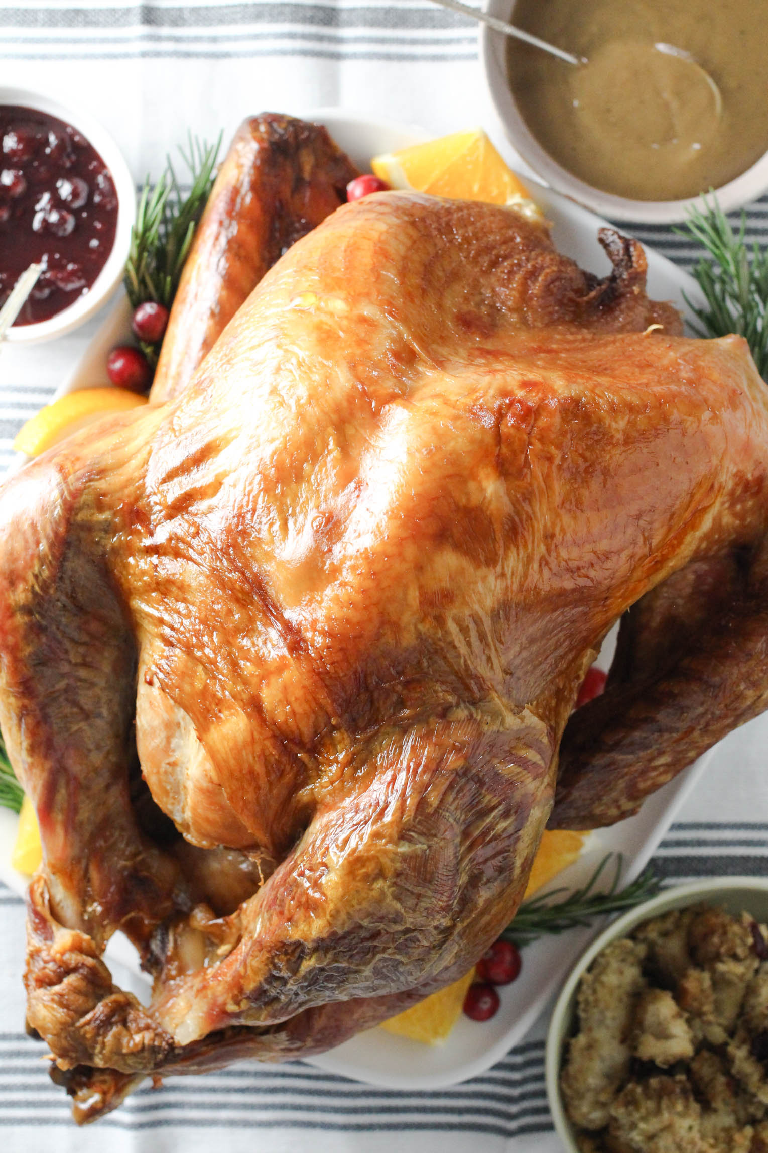Whole roasted turkey on a plate.