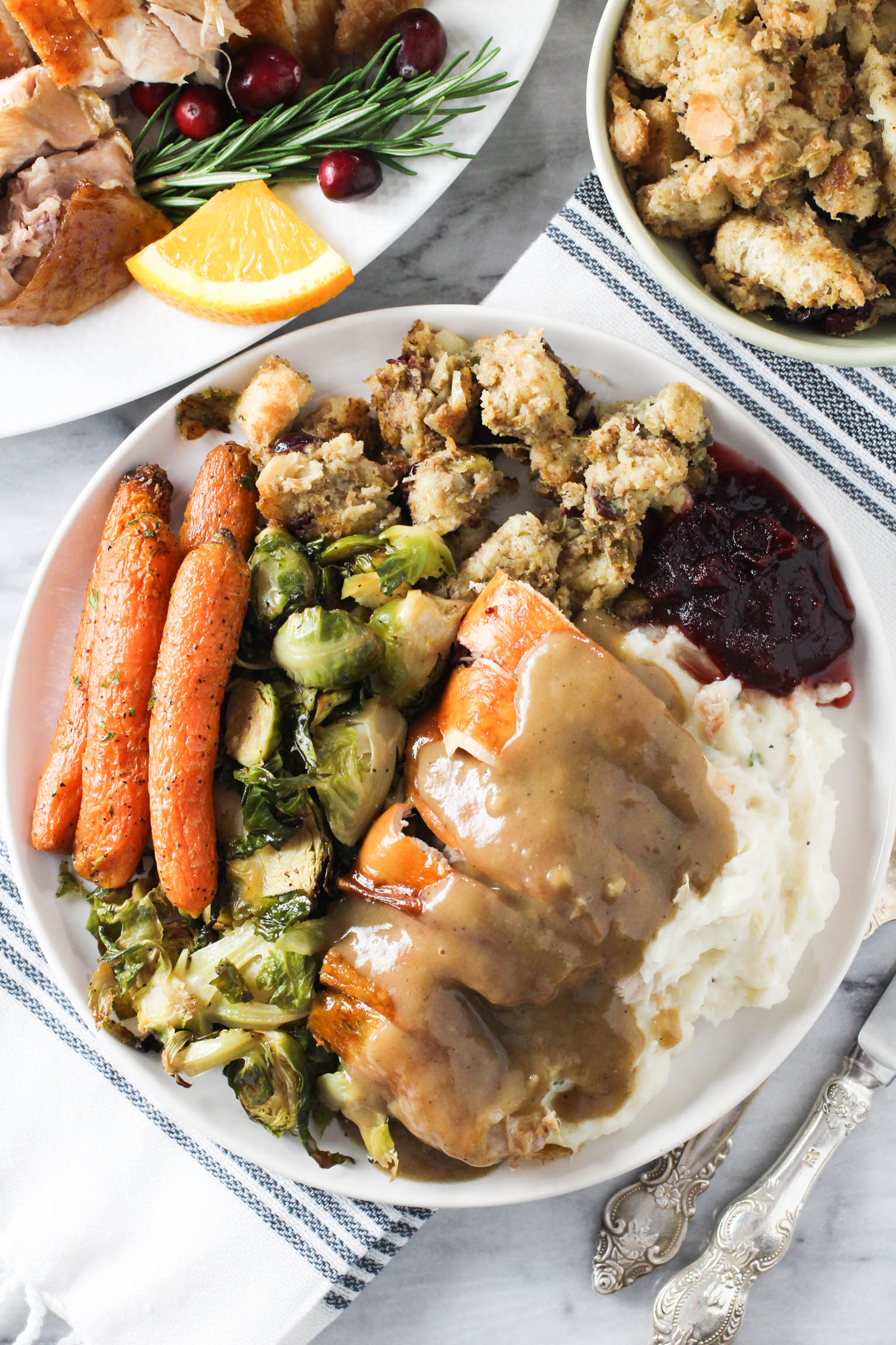 Thanksgiving dinner on a plate, including turkey with gravy, stuffing, roasted carrots, mashed potatoes, Brussel sprouts and cranberry sauce.