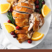 Roasted turkey slices on a platter. Below the image, there is a text overlay saying: what to do with leftover turkey - recipes and tips.