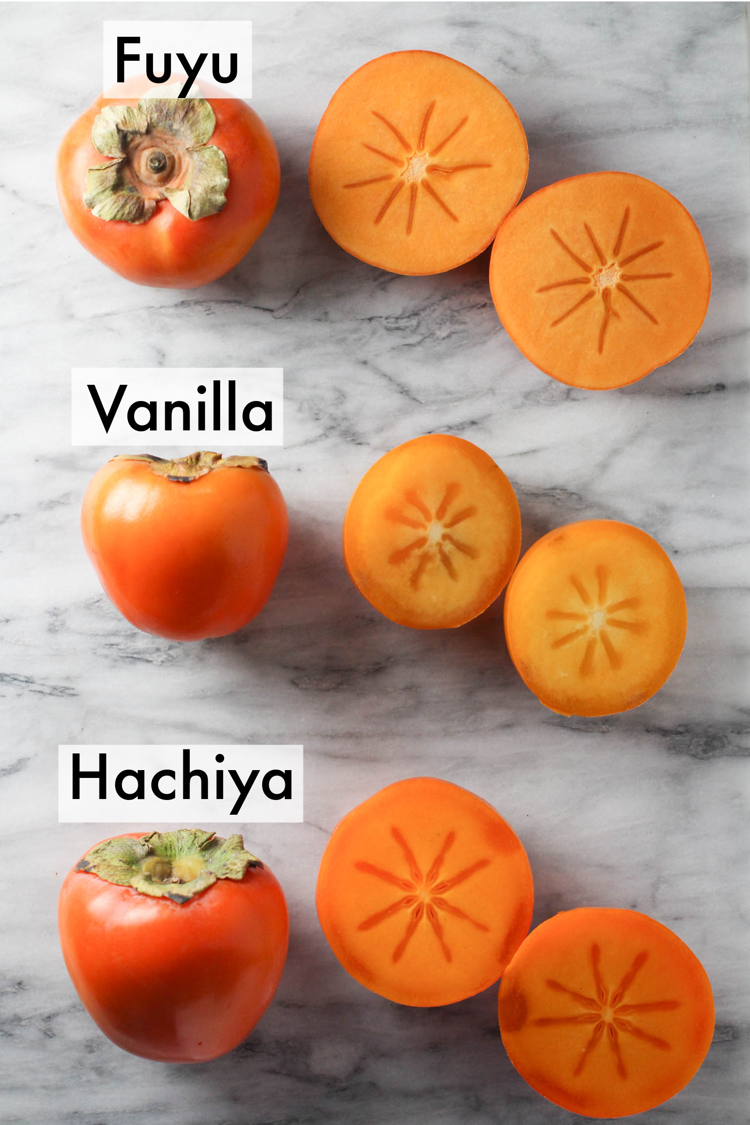 Whole and cut in half persimmons displayed on marble background. The persimmons are marked as follows: Fuyu, Vanilla, Hachiya.