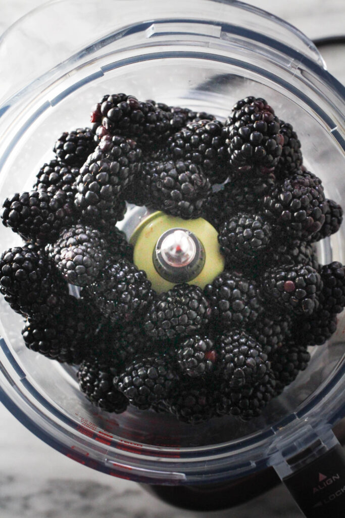 Blackberries in a bowl of a food processor.