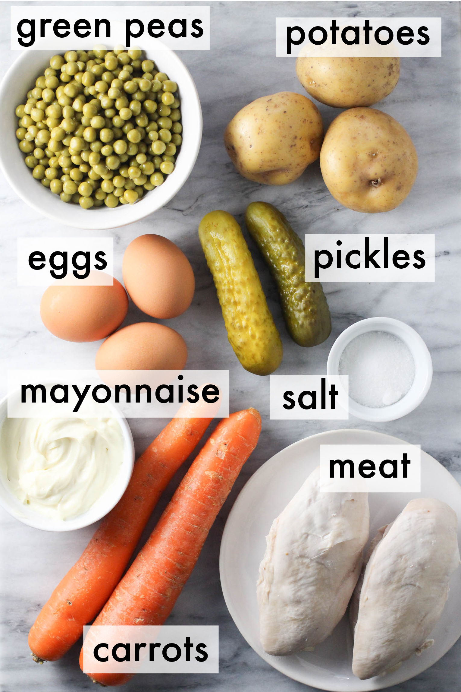 All ingredients for Russian potato salad (Olivier salad).
