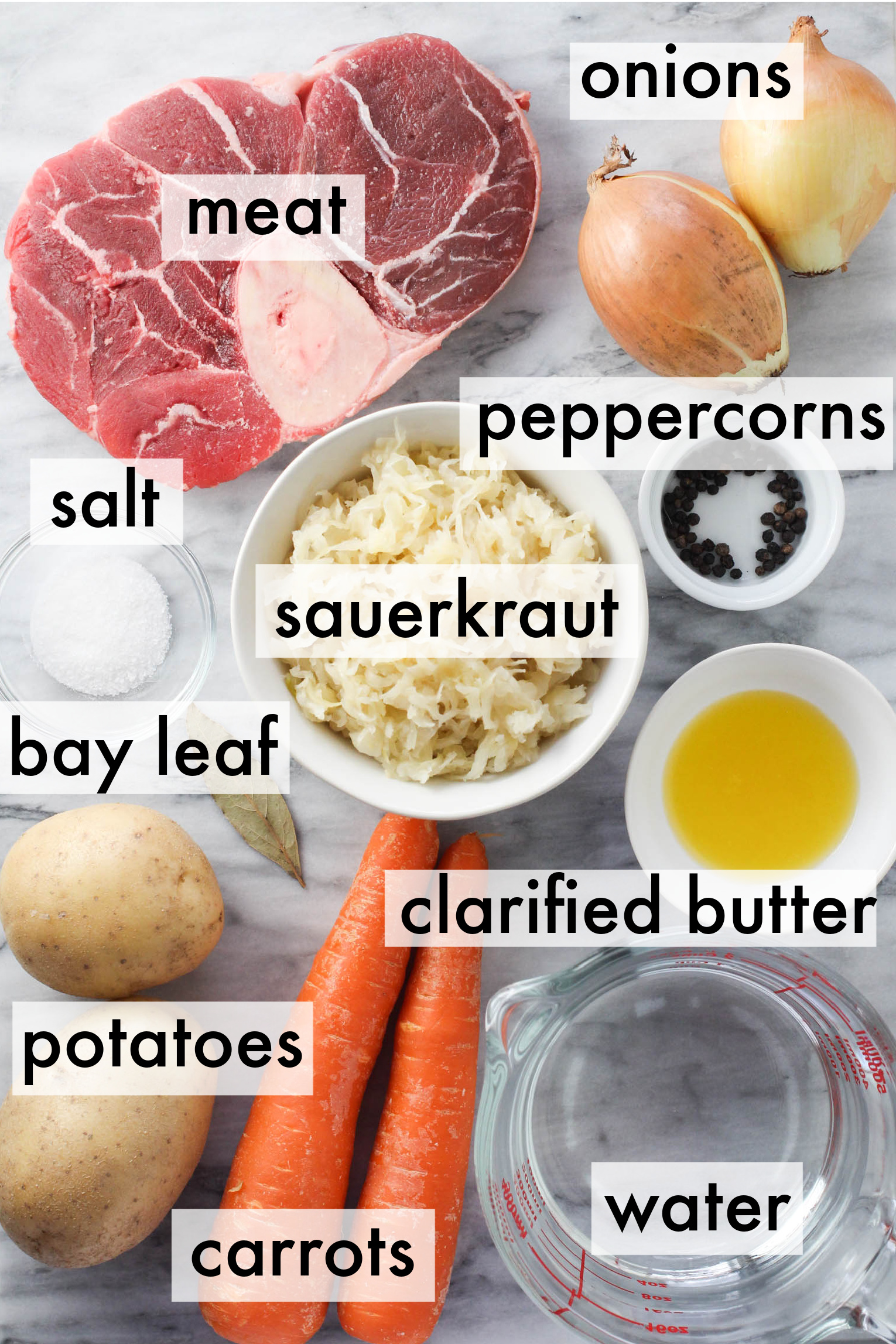 Shchi ingredients displayed on marble background. The ingredients are labeled as follows: onions, meat, peppercorns, salt, sauerkraut, bay leaf, clarified butter, potatoes, carrots, water.