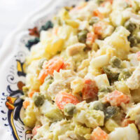 Olivier potato salad in a bowl ready to serve.