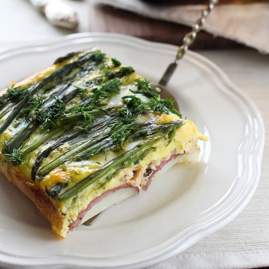 Asparagus and salmon eggbake on a plate.