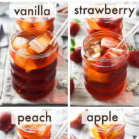 Pinterest pin collage showing iced vanilla, strawberry, peach, and apple rooibos tea served over ice.