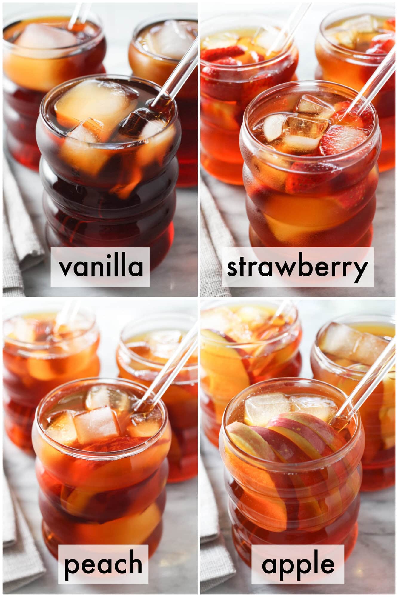 Vanilla, strawberry, apple, and peach rooibos iced tea served over ice in clear glasses with fresh fruit garnish.